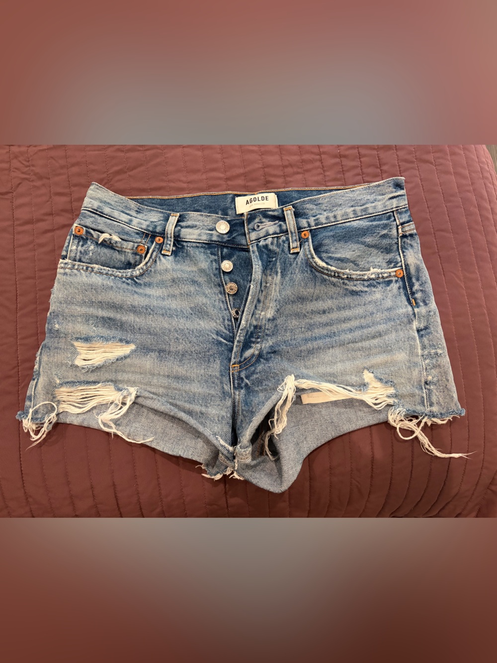 Agolde Distressed Medium Blue Denim Cutoff Shorts